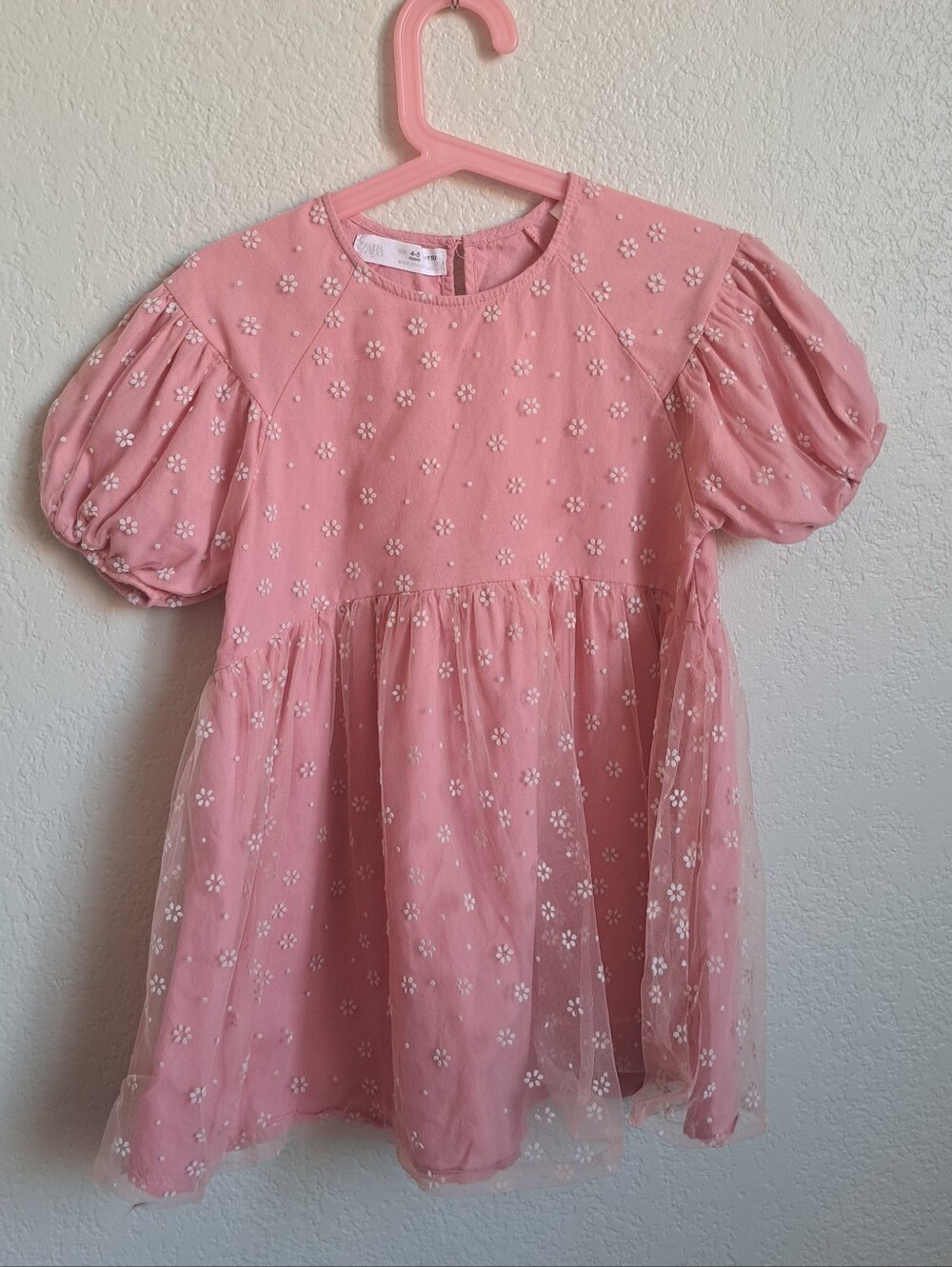 Zara Girld Pink Mesh Floral Embroidered Dress Size 4
